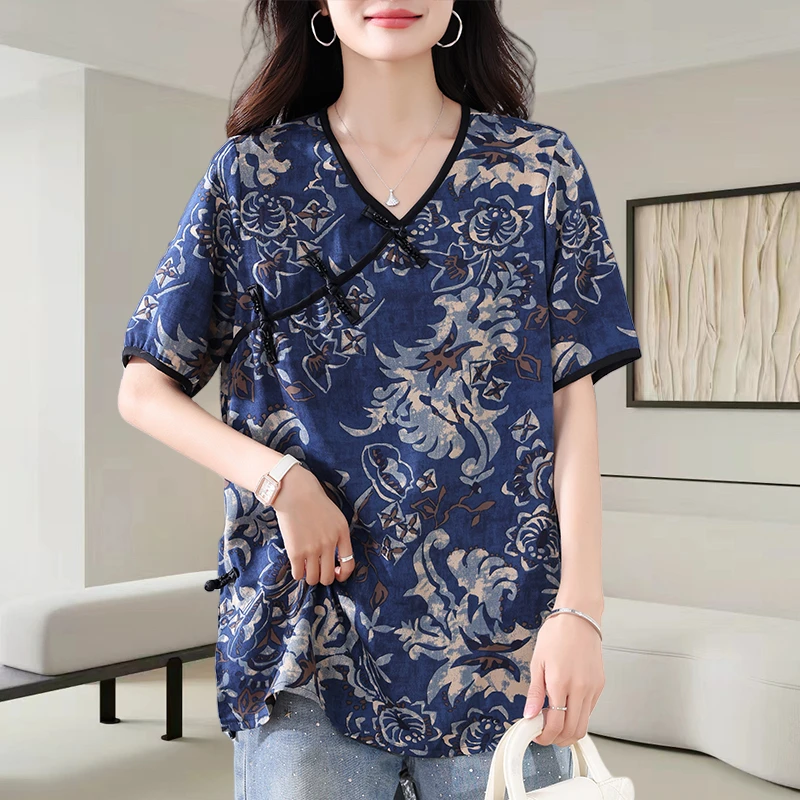 新中式国风盘扣短袖衬衫女2025夏季新款时尚减龄宽松遮肚显瘦上衣