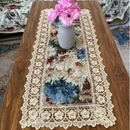 ZN107-142棉麻【40*90】彩菊水溶花边棉麻交织布桌布茶几布