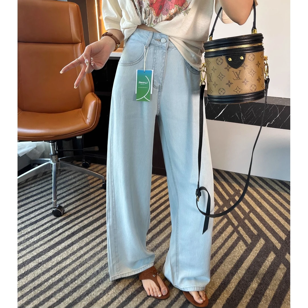 莱赛尔天丝垂感阔腿牛仔裤女2025夏季新款小个子高腰显瘦直筒长裤