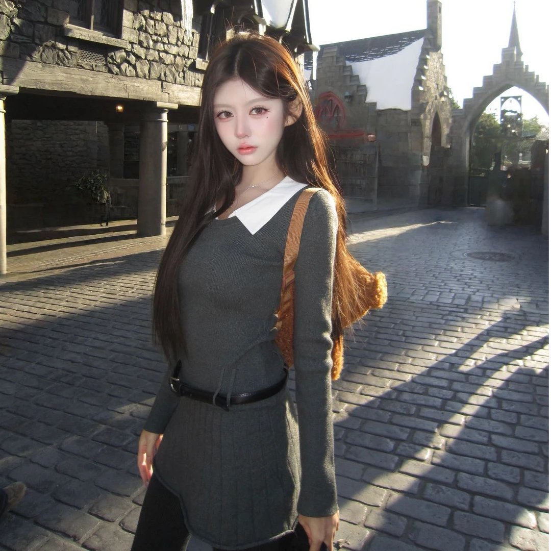 冬季灰色学院风纯欲假两件翻领修身显瘦包臀长袖针织短裙女装新款