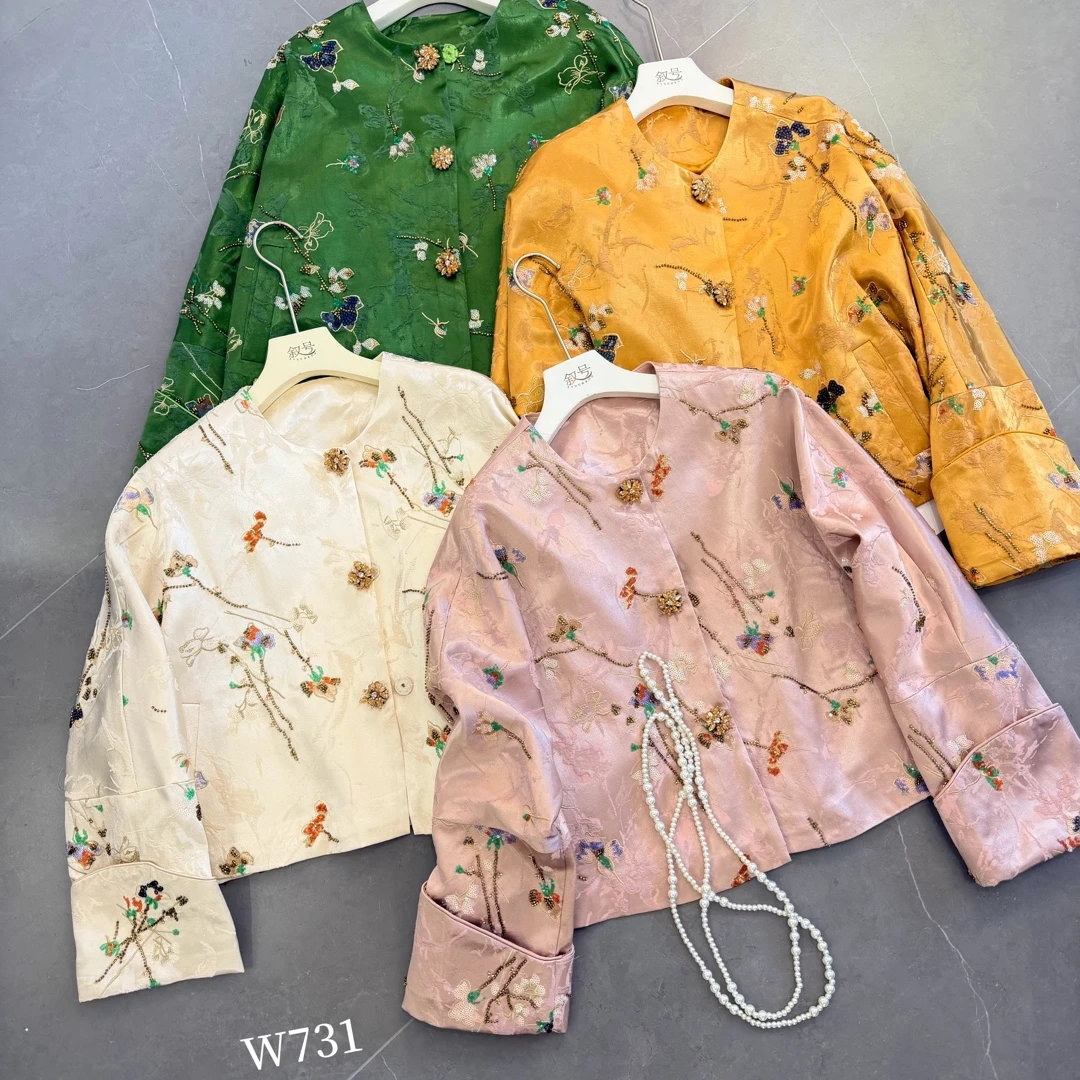 【钻花外套】单款女落肩袖圆领刺绣中式复古提花加厚外套731