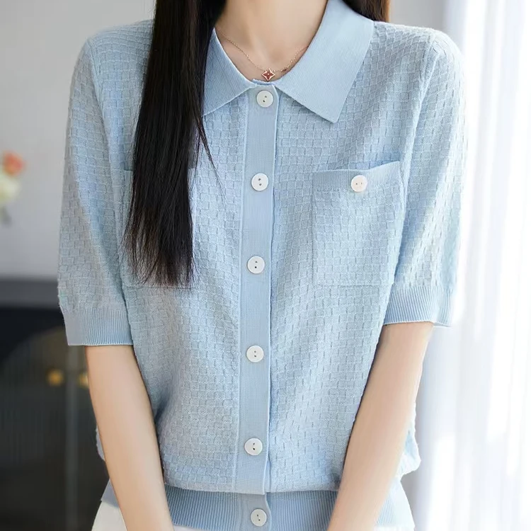 经典衬衣领T 精致华夫格蚕丝羊毛针织上衣5031