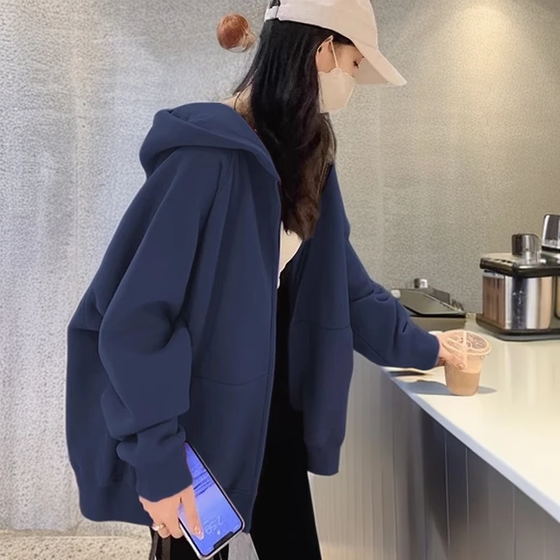 蓝色连帽卫衣宽松加绒拉链开衫外套女冬新款大码女装显瘦休闲上衣