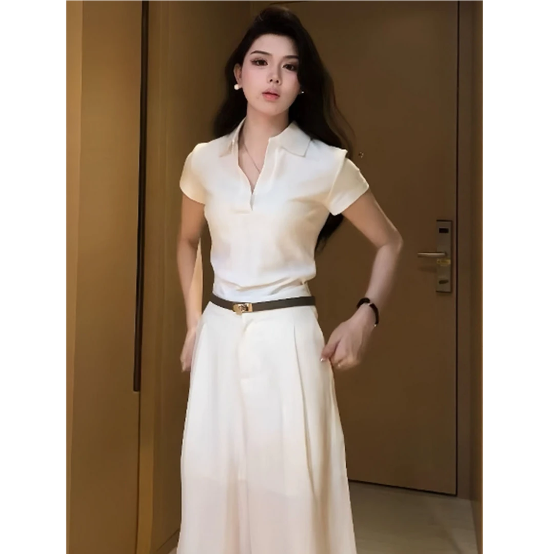 白色polo衫翻领正肩修身短袖T恤女2025新款夏季独特漂亮显瘦上衣