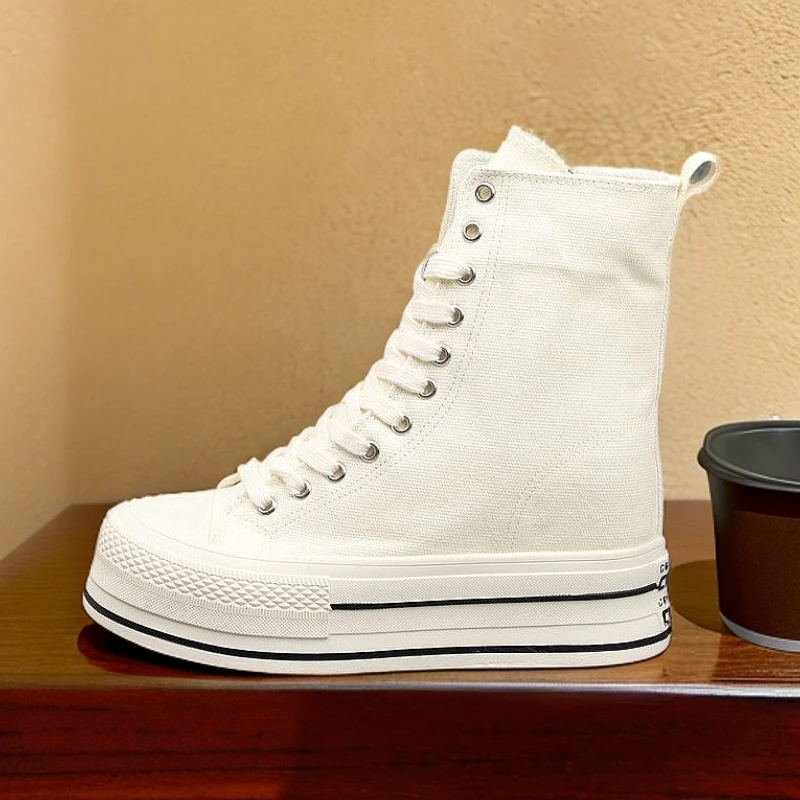 跟高12CM隐形增高高帮帆布鞋女款百搭韩版学院风系带潮款休闲女鞋