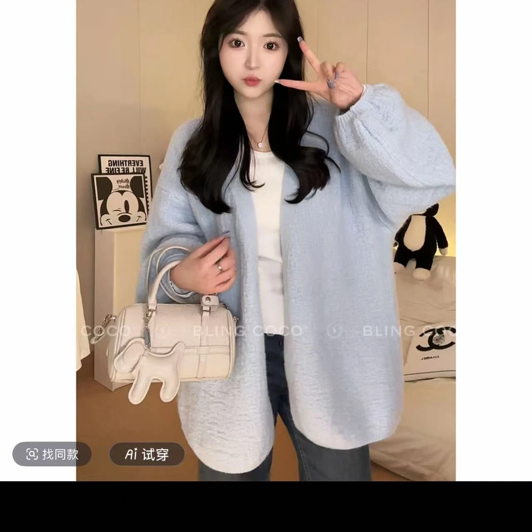 【工厂现货直发】2025秋冬新款树皮纹泡泡袖短外套慵懒风针织衫开衫