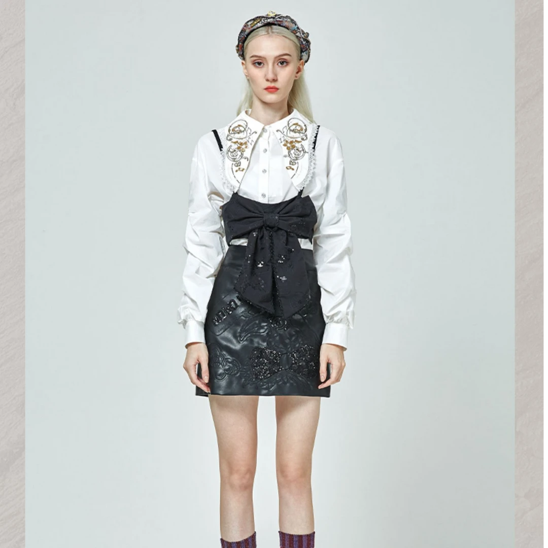 【小呆鸟专属】LULUALWAYS休闲亮片蝴蝶结短半裙A字短裙黑色小皮裙