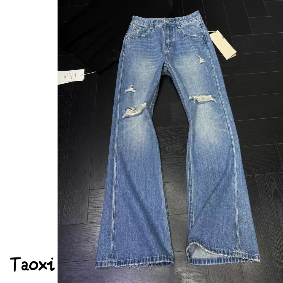 Taoxi【5801】春夏新款磨破破洞牛仔喇叭裤蓝色高腰显瘦显腿长百搭