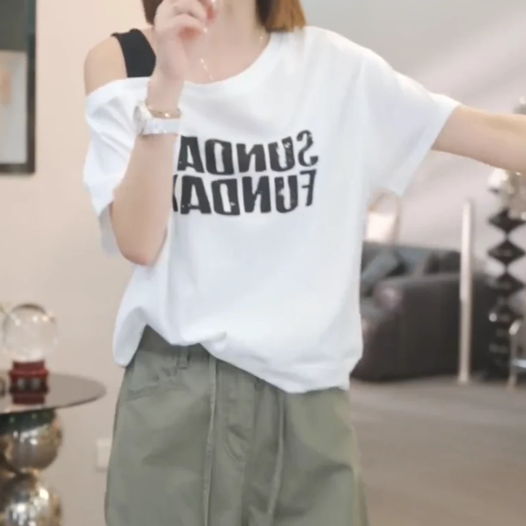 时尚休闲气质短袖T恤女2025夏季新款休闲宽松显瘦上衣设计感百搭