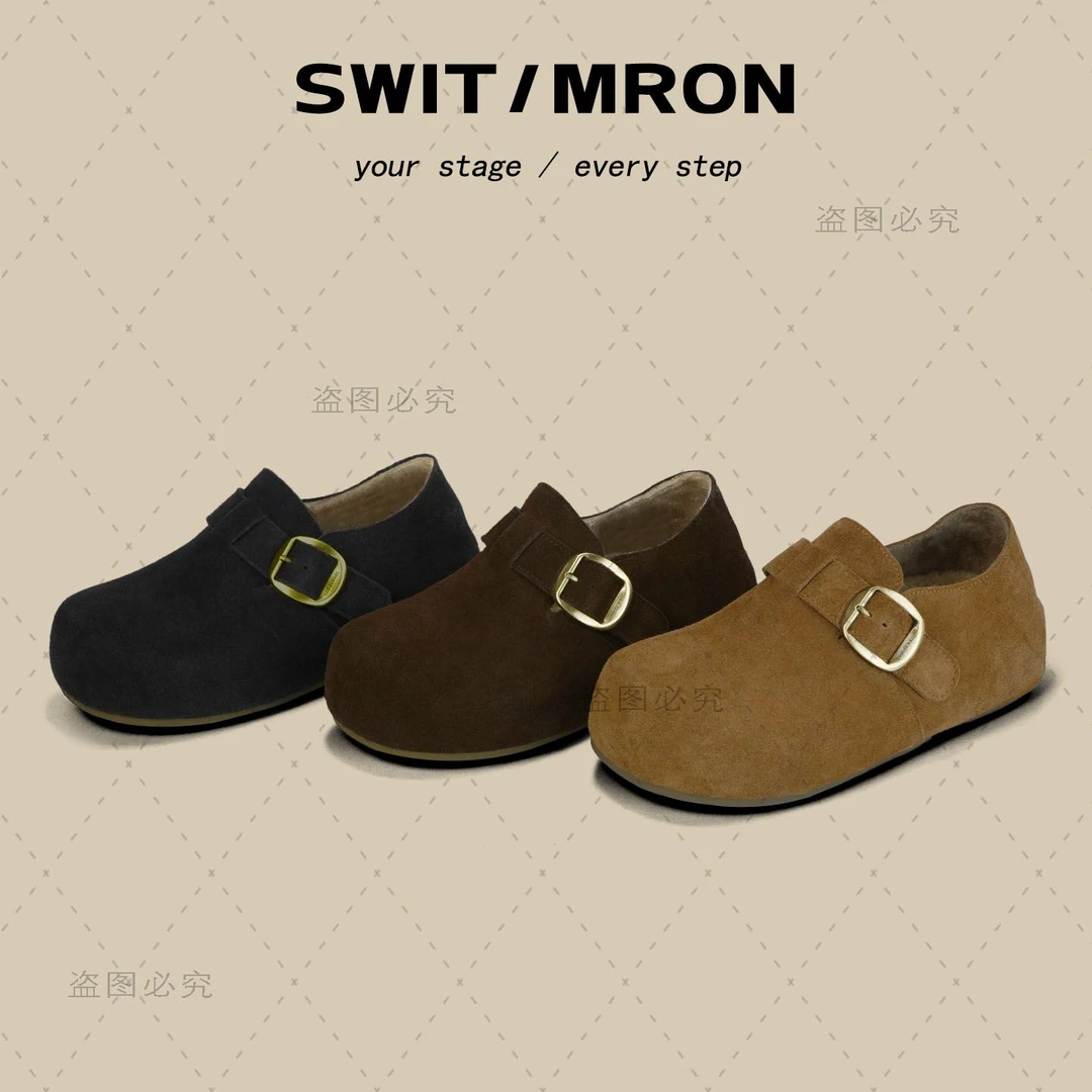 厚底内增高勃肯鞋懒人一脚蹬小个子拖鞋纯手工纯色毛绒保暖包跟鞋