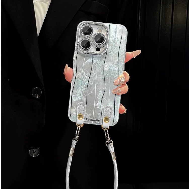 适用苹果16手机壳夏天新女款15promax线条挂绳iPhone14plus小众13