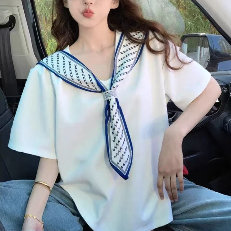 大码女装夏季洋气领带结设计感V领短袖T恤宽松百搭时尚上衣2512