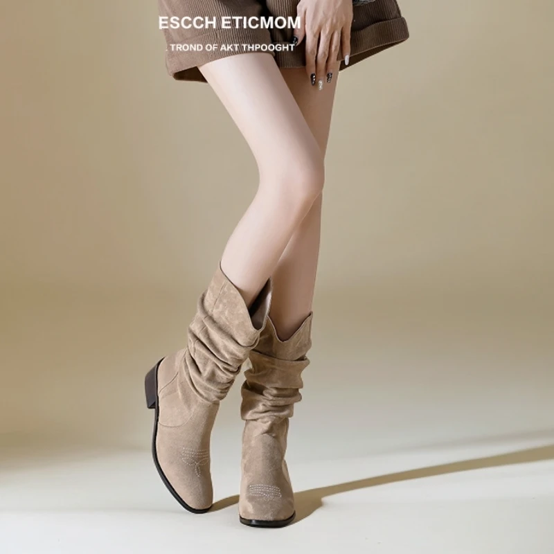 复古马丁靴不过膝堆堆靴西部牛仔靴粗跟褶皱靴短筒骑士靴女中筒靴