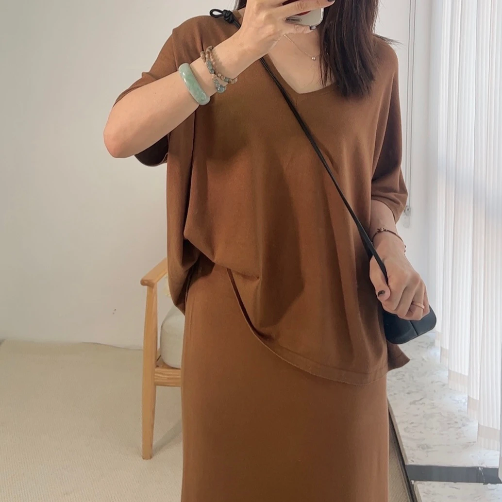 CNTERMERE春夏丝羊绒套装短袖裙子两件套V领坎肩半身长裙宽松舒适