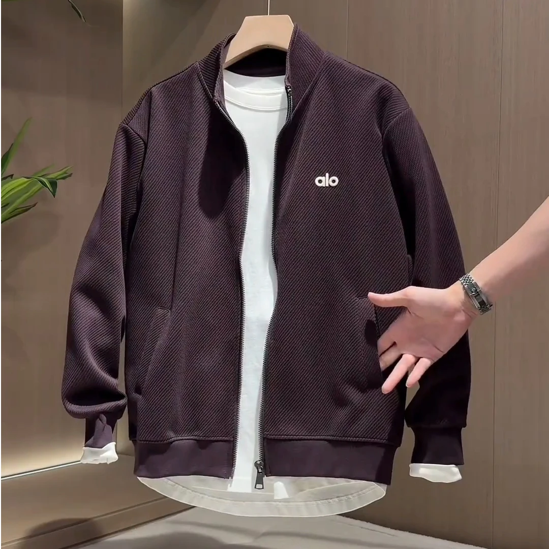 2025秋季新款男士潮牌纹理拼接刺绣百搭开衫卫衣时尚宽松简约夹克