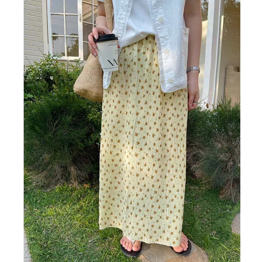 复古碎花半身裙女夏2025年新款设计感褶皱中长裙显瘦直筒半裙花裙