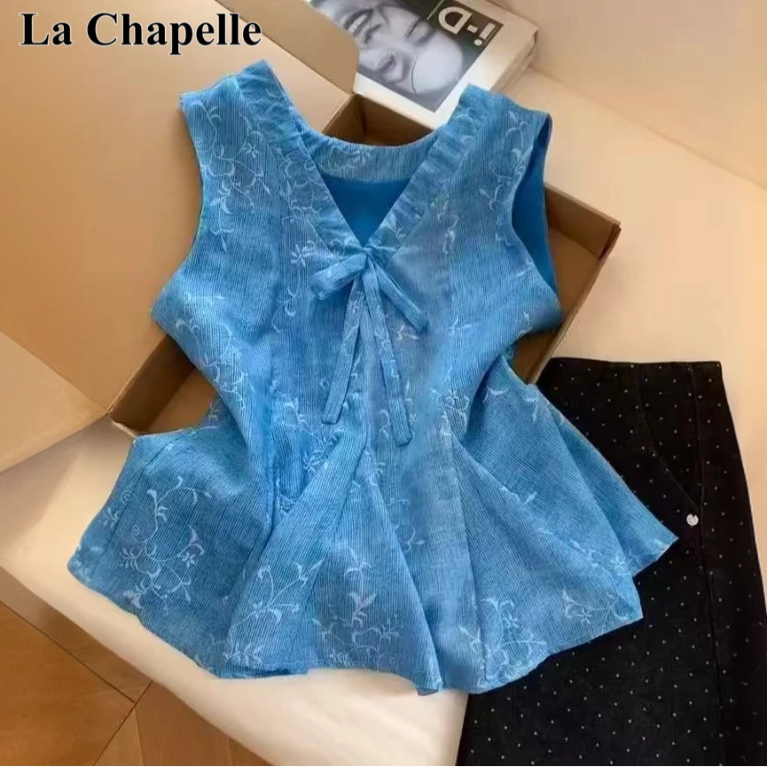 拉夏贝尔蓝色碎花独特漂亮小衫女装夏季甜美时尚无袖背心小众上衣