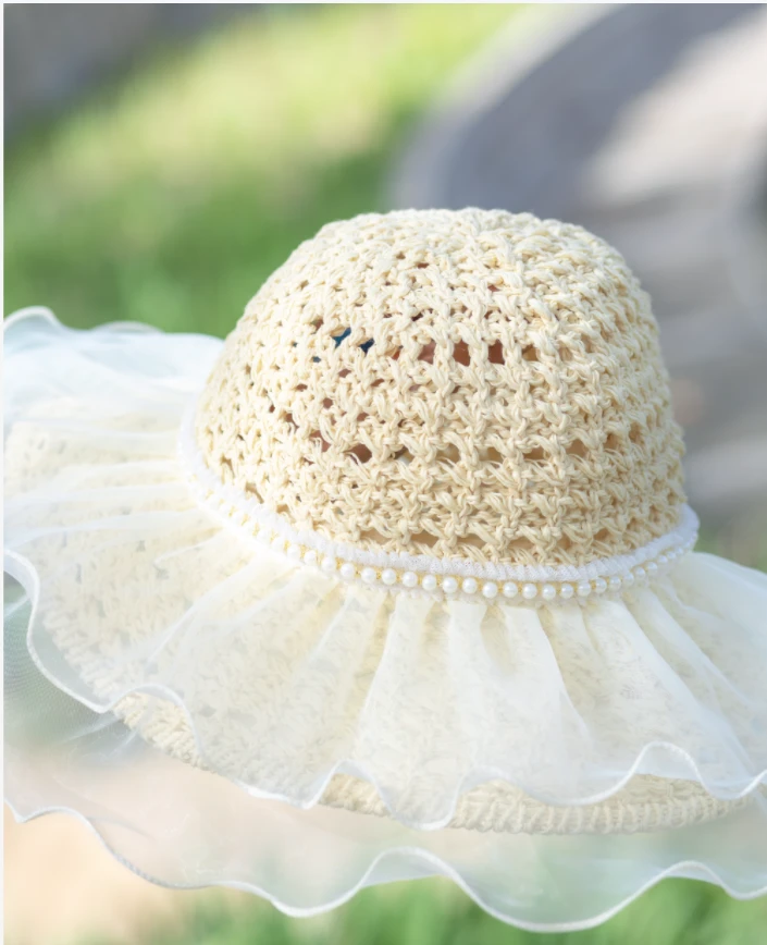 2025夏季新款欧根纱珍珠草帽女大帽檐遮阳太阳帽子海边沙滩防晒帽