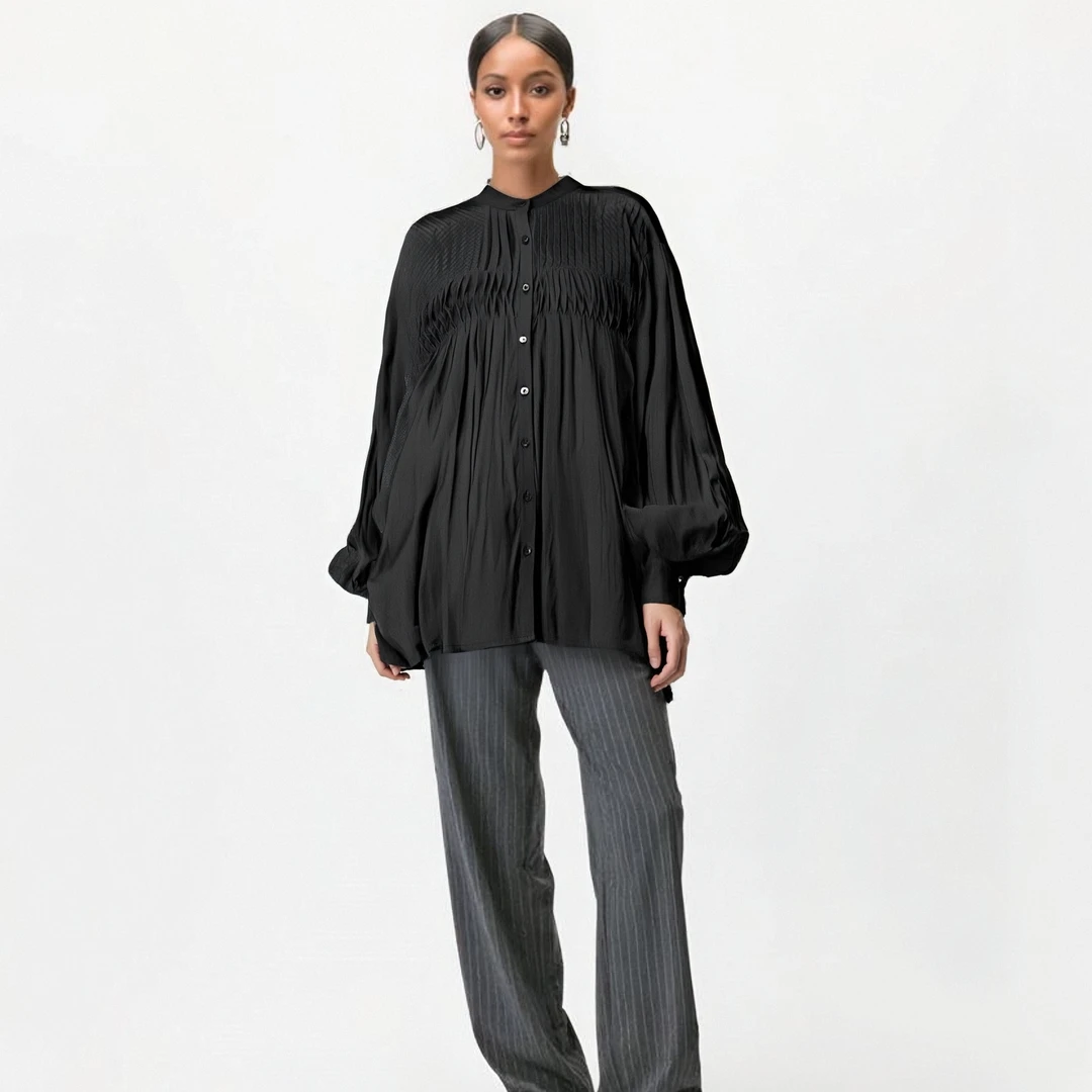 春季新款女士纯棉衬衫捏褶圆领慵懒宽松版上衣百搭BB005简约舒适