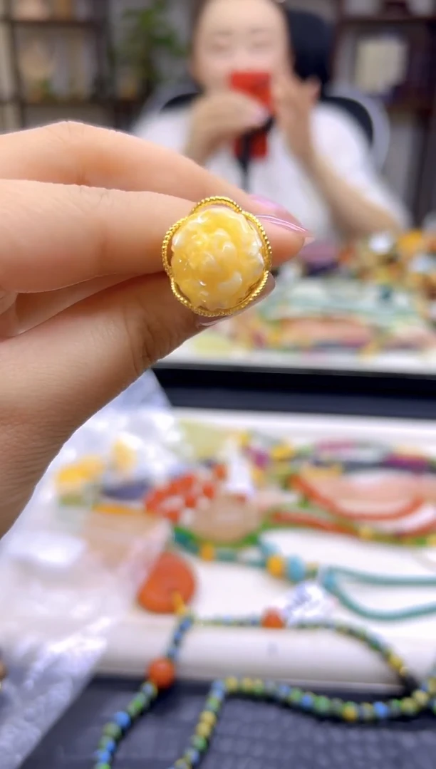银S925镀金镶嵌蜜蜡戒指DIY款J131