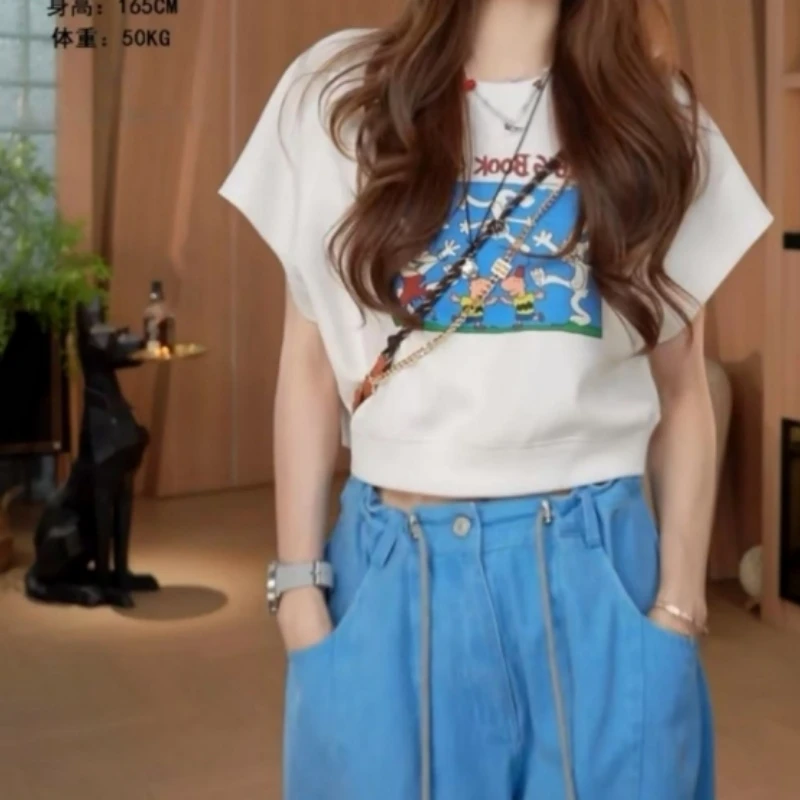 【摩登风情】个性无感印花圆领套头蝙蝠袖上衣+蓝色裤子LK2502719