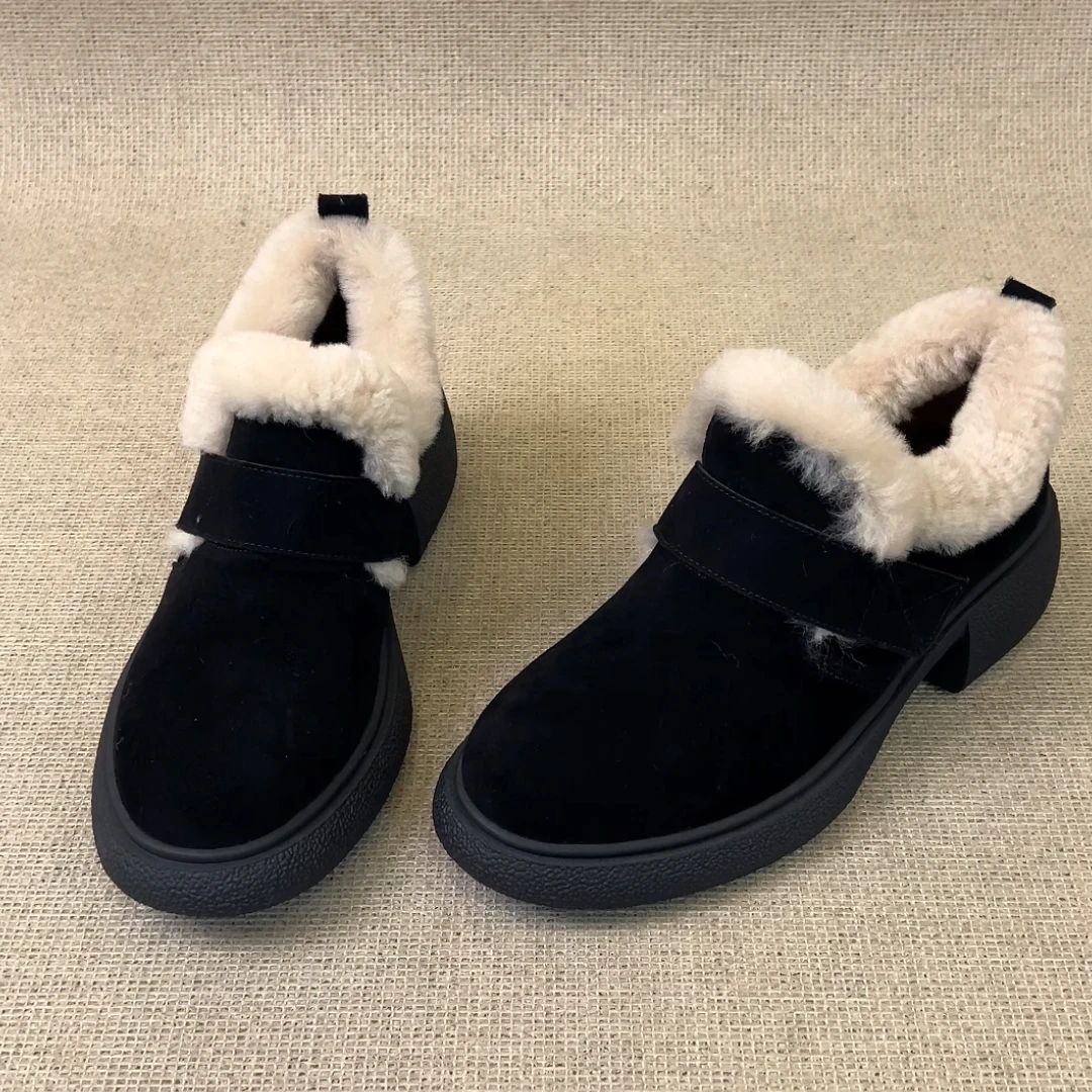 RubyL/5cm极简休闲风通勤百搭魔术贴舒适圆头粗跟加绒毛毛鞋女款