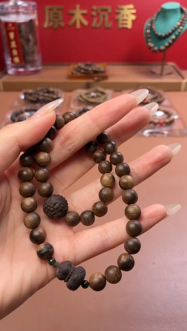 沉香手串沉水越南富森红土瘿子瘤疤08两圈设计款