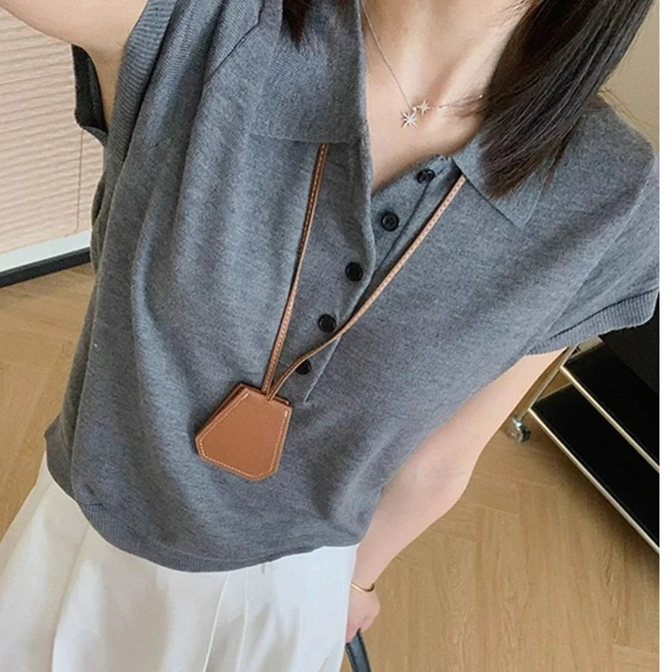 薄款纯色修身型短袖夏季毛针织衫中长款设计感上衣休闲翻领