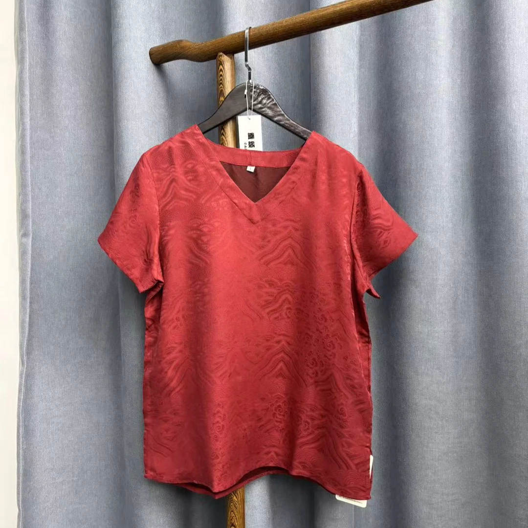 2025夏季新款时尚休闲百搭桑蚕丝香云纱提花花萝上衣短袖女C092