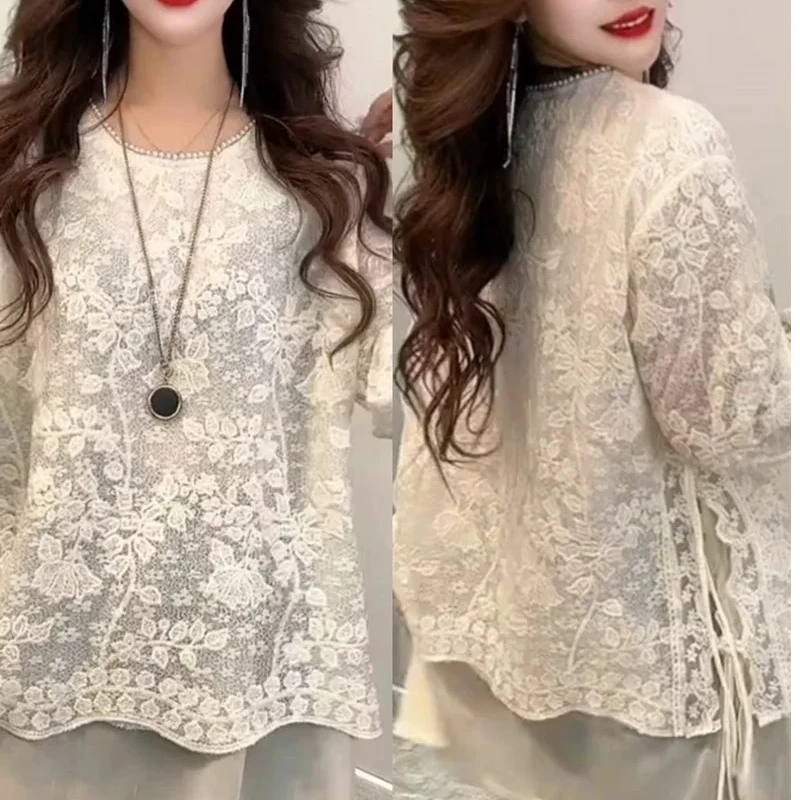 春季新款女神款洋气高级珍珠领蕾丝宽松精致长袖打底衫
