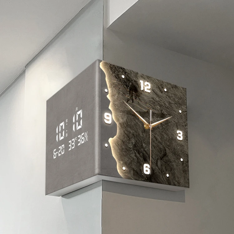侘寂风客厅电子钟表挂墙免打孔转角时钟数显双面挂钟转角双面挂钟