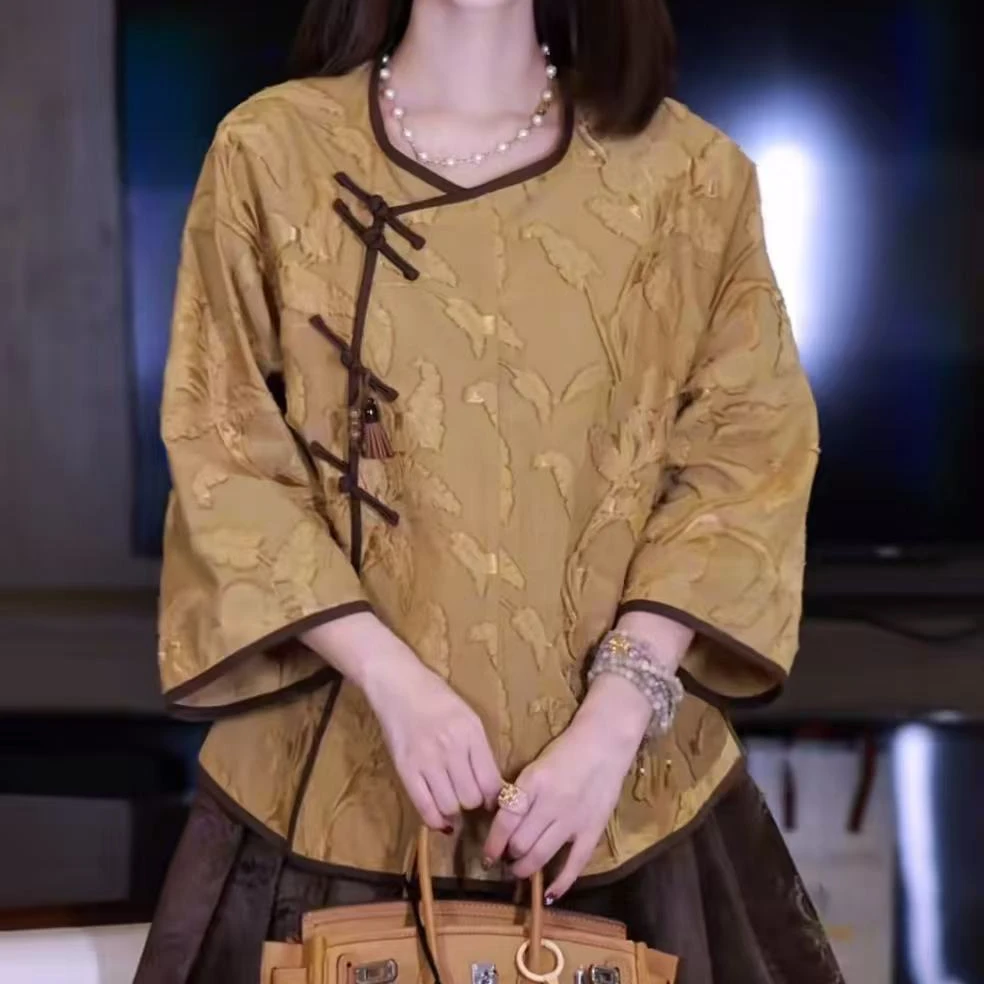 【金秋】2025早秋新中式竹叶圆领国风气质禅意复古偏襟上衣女