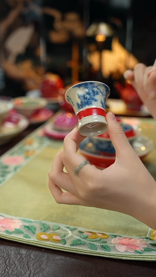 雨香斋景德镇手工手绘松竹梅竹节杯