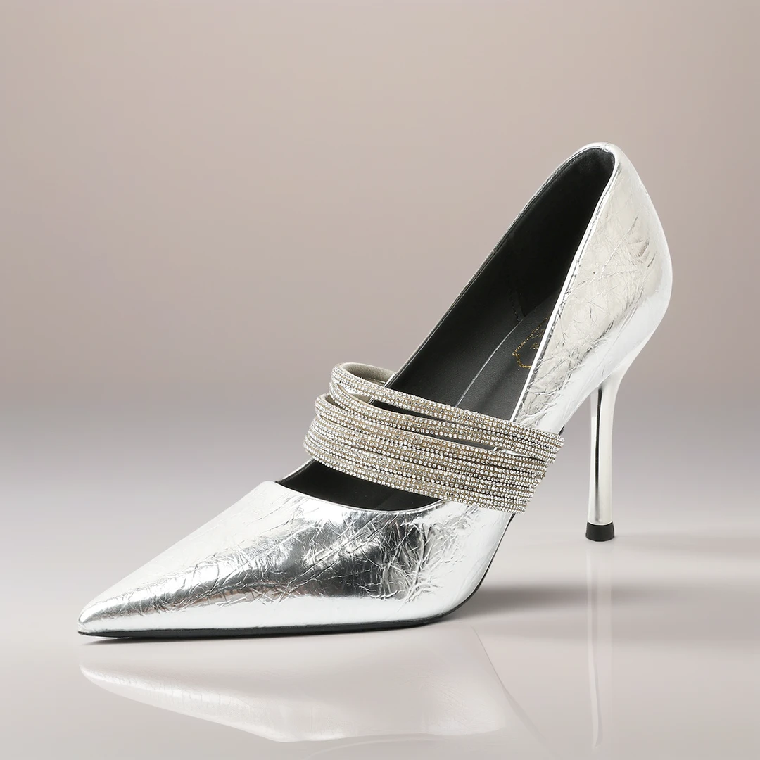 水钻银色高跟鞋女2025秋季新款轻奢百搭夜场职业性感尖头细跟单鞋