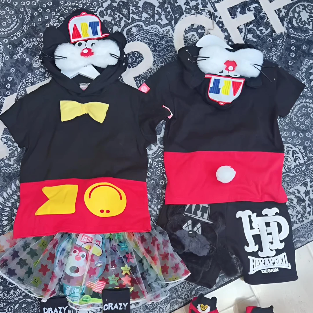 TOMATO家 日系潮牌童装  ART毛绒小熊帽衫黑红拼接短袖T