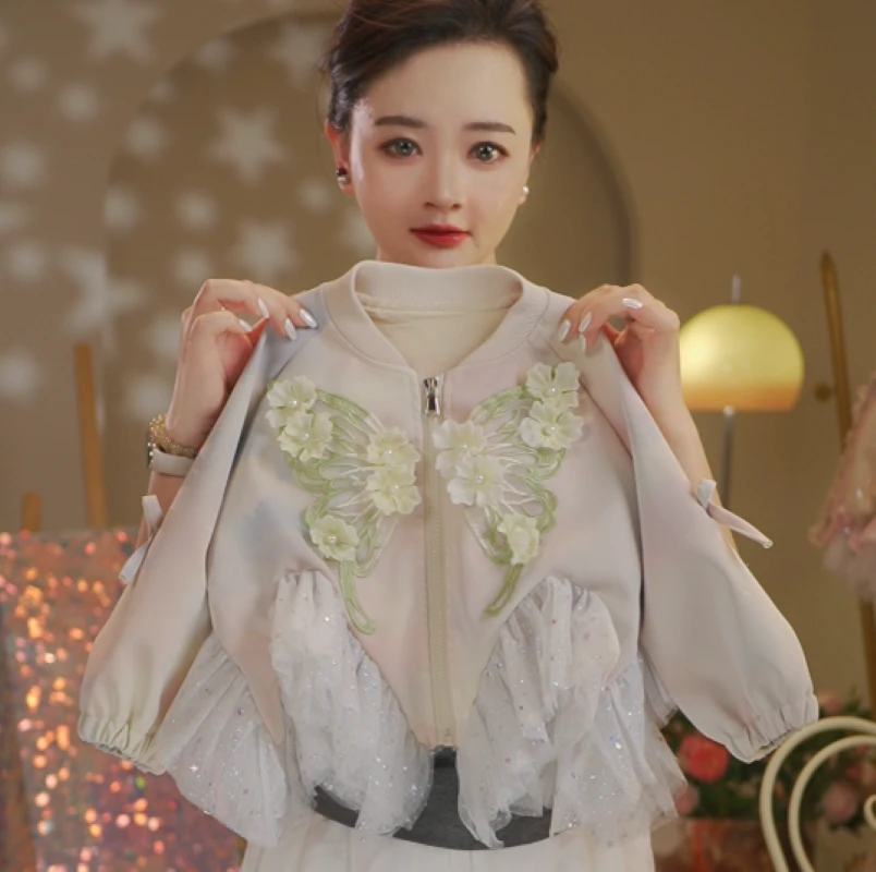 2025年新款秋季女童小蝴蝶蕾丝半裙外套韩版