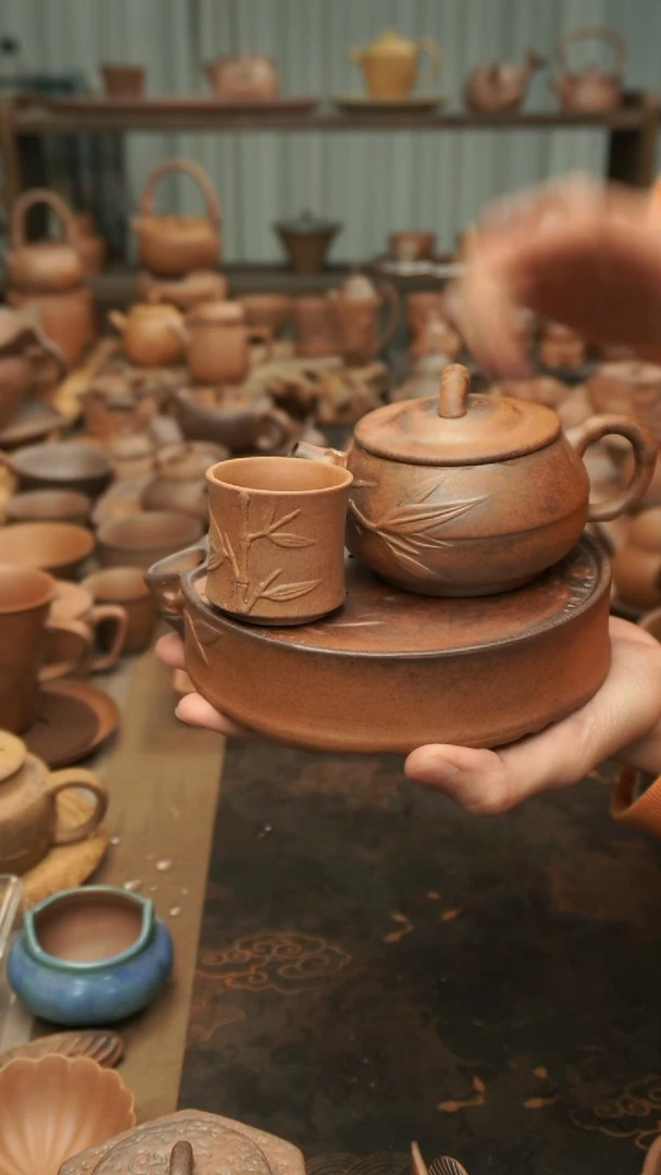 竹节蓄水壶承+扁竹壶+小竹节杯