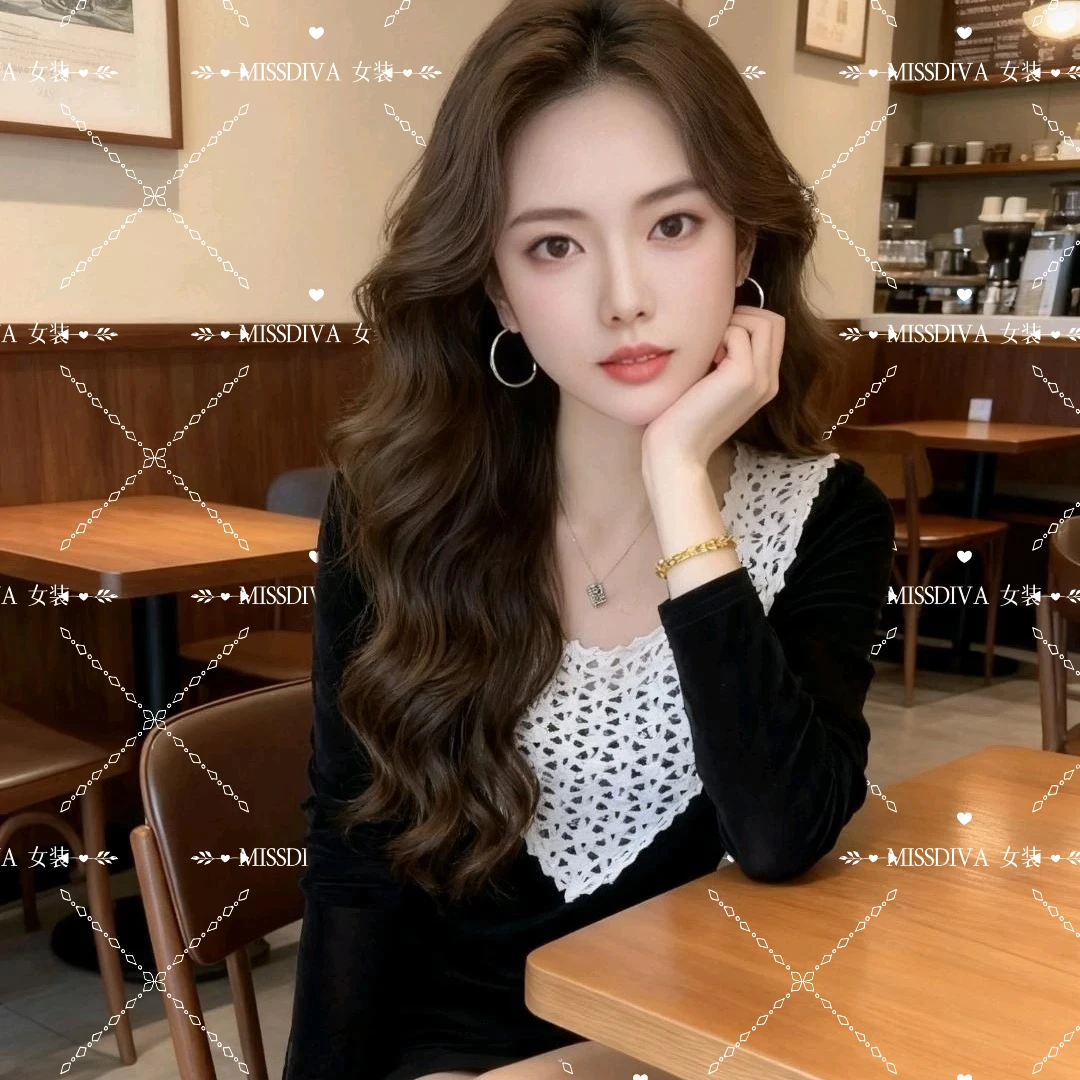 法式拼接INS风圆领女镂空拼色打底衫针织韩版修身