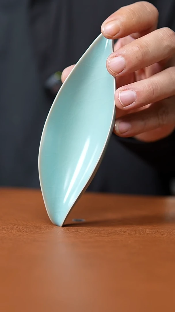 瓷片仿古天青精工一片叶茶则一级