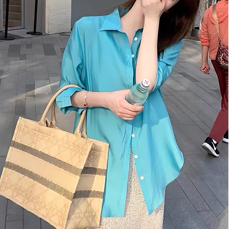 今年流行的漂亮衬衫2025新女气质雪纺衫春夏薄款上衣蓝色防晒衬衣