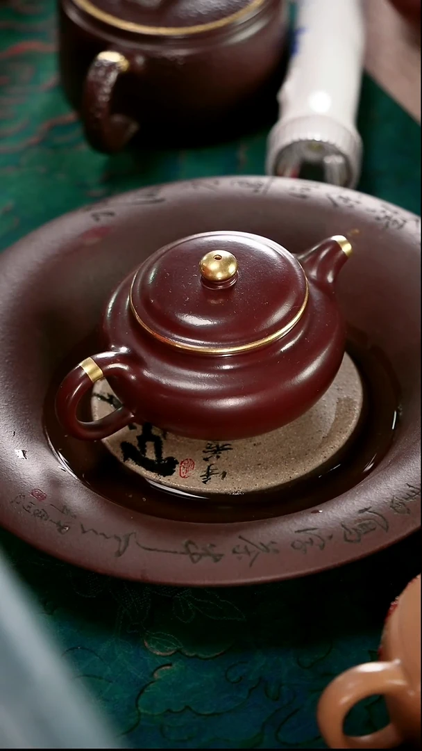 茶壶紫砂四号井茄皮紫泥描金薄胎仿古