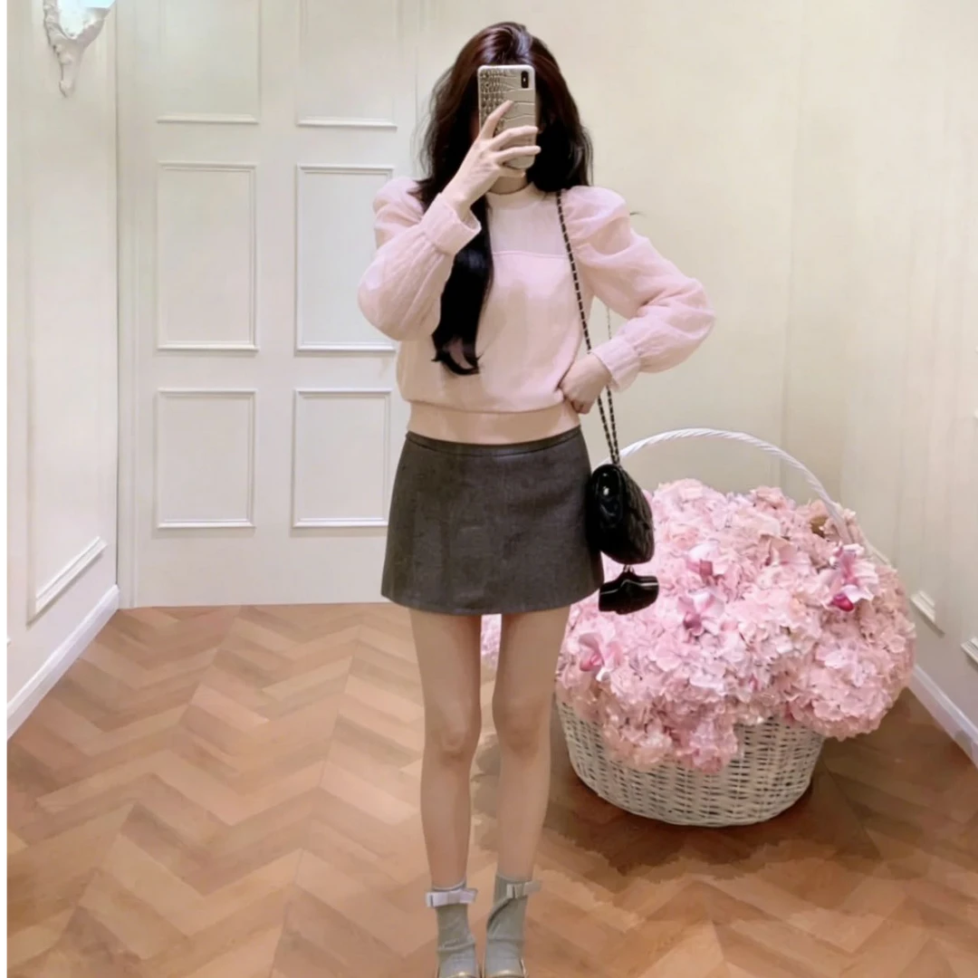 2026秋冬新款法式气质甜美泡泡袖粉色超好减龄上衣高腰半身裙套装