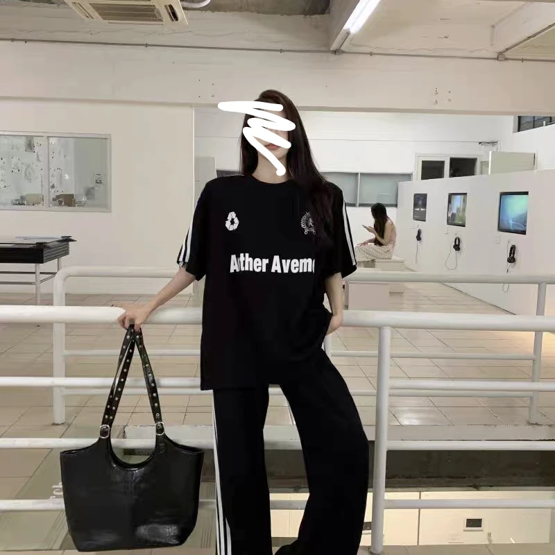 萌萌美式复古休闲运动套装女胖MM字母印花t恤阔腿长裤两件套99220