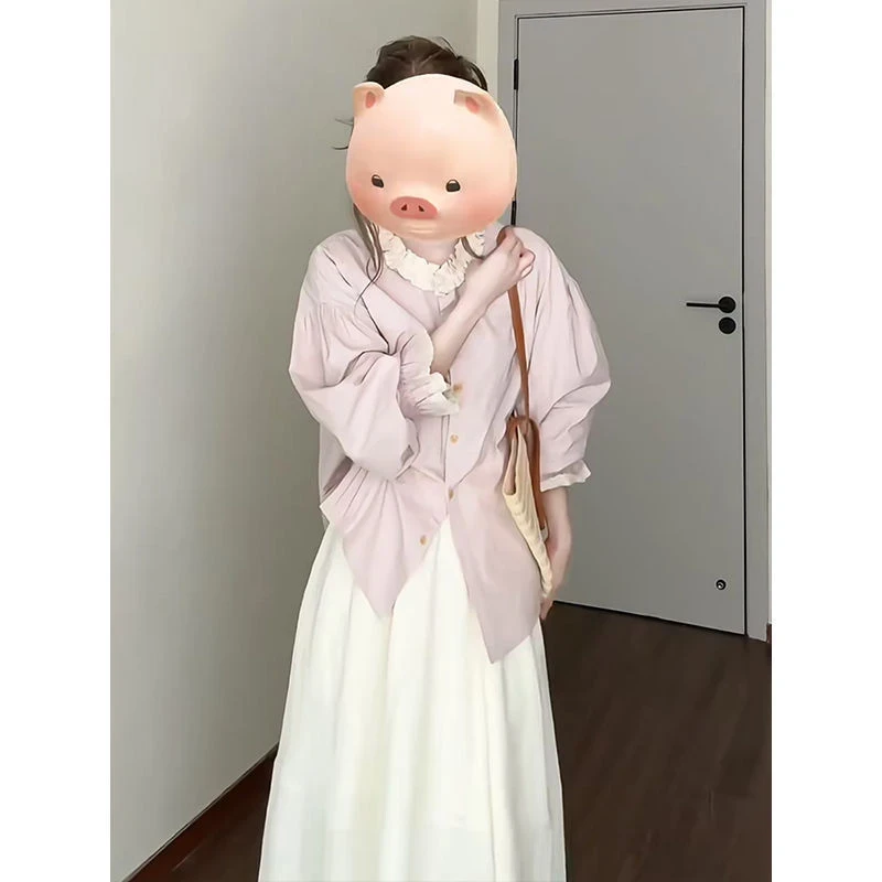 【小雪专属】温柔风木耳边喇叭袖宽松衬衫上衣女高腰边半身裙套装