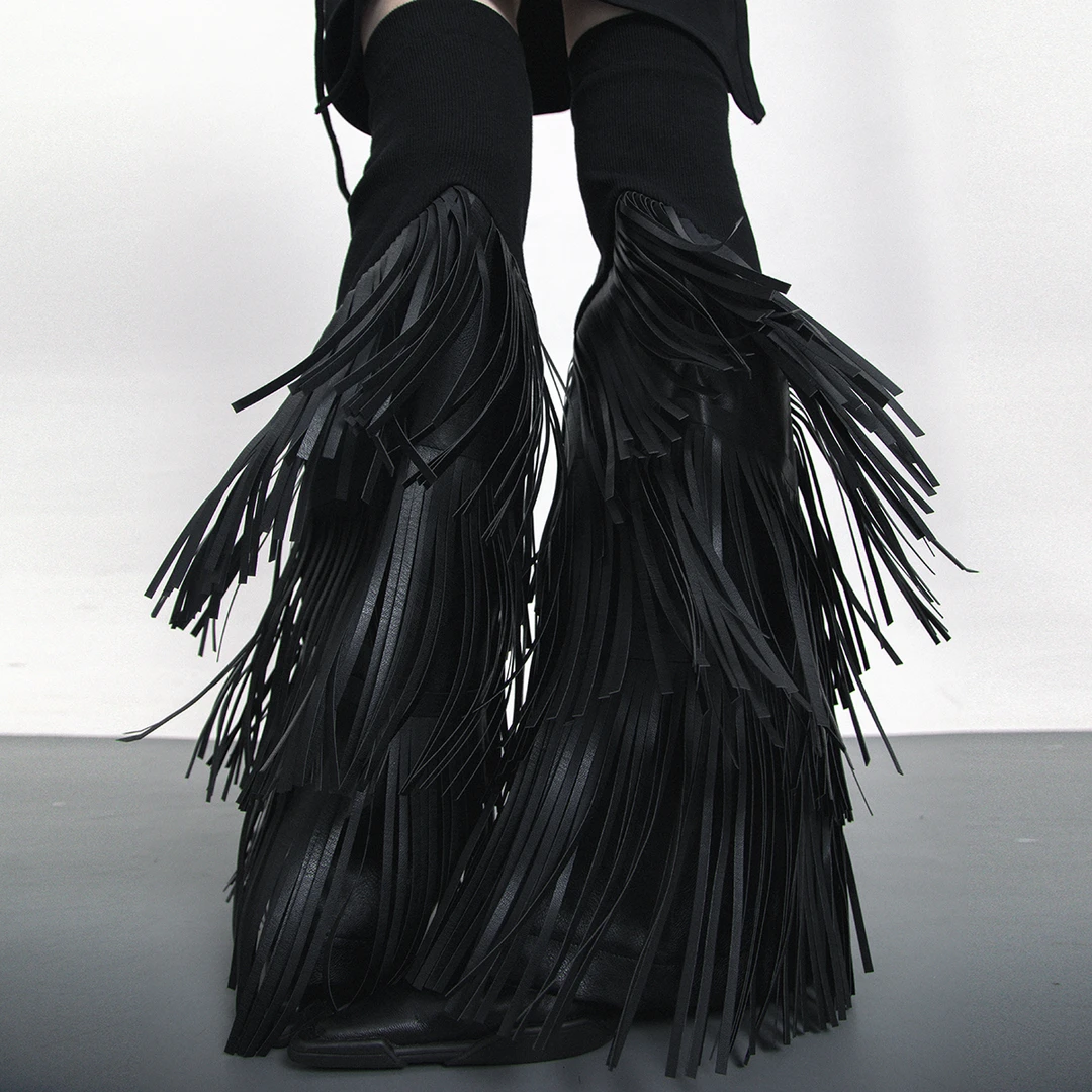 SS2L原创皮流苏飘带暗黑ro风朋克风辣妹阔腿显瘦喇叭口皮腿套袜套