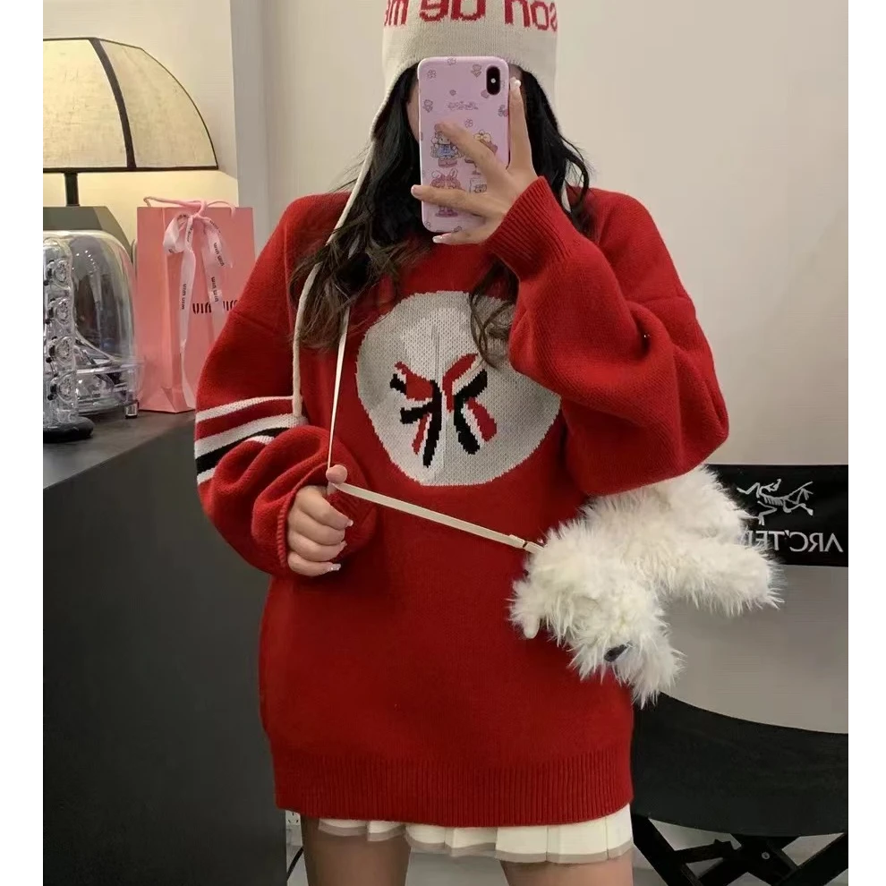 【柒柒家】25新款TB蝴蝶结小狗提花圆领毛衣女宽松慵懒风针织衫