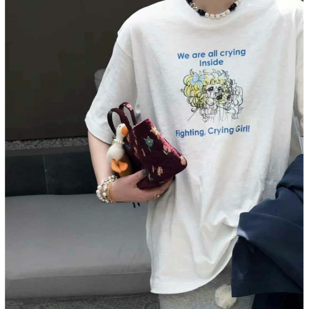 【pb重影哭泣女孩T恤】2025夏新品哭泣美少女娃娃字母印花短袖T恤女