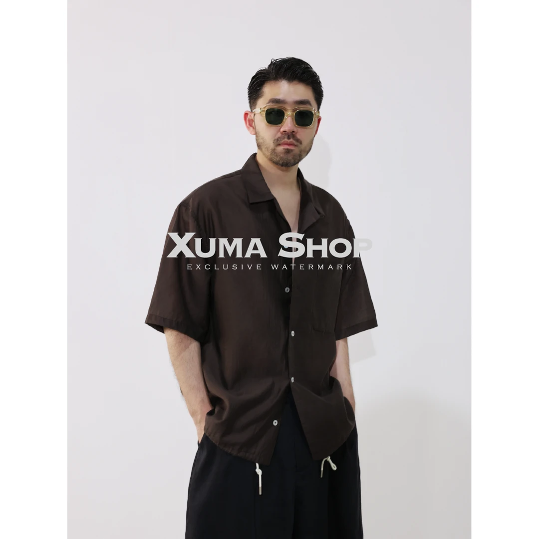 XUMA 2025夏季88g莱赛尔醋酸轻薄凉感复古纯色宽松短袖衬衣衬衫