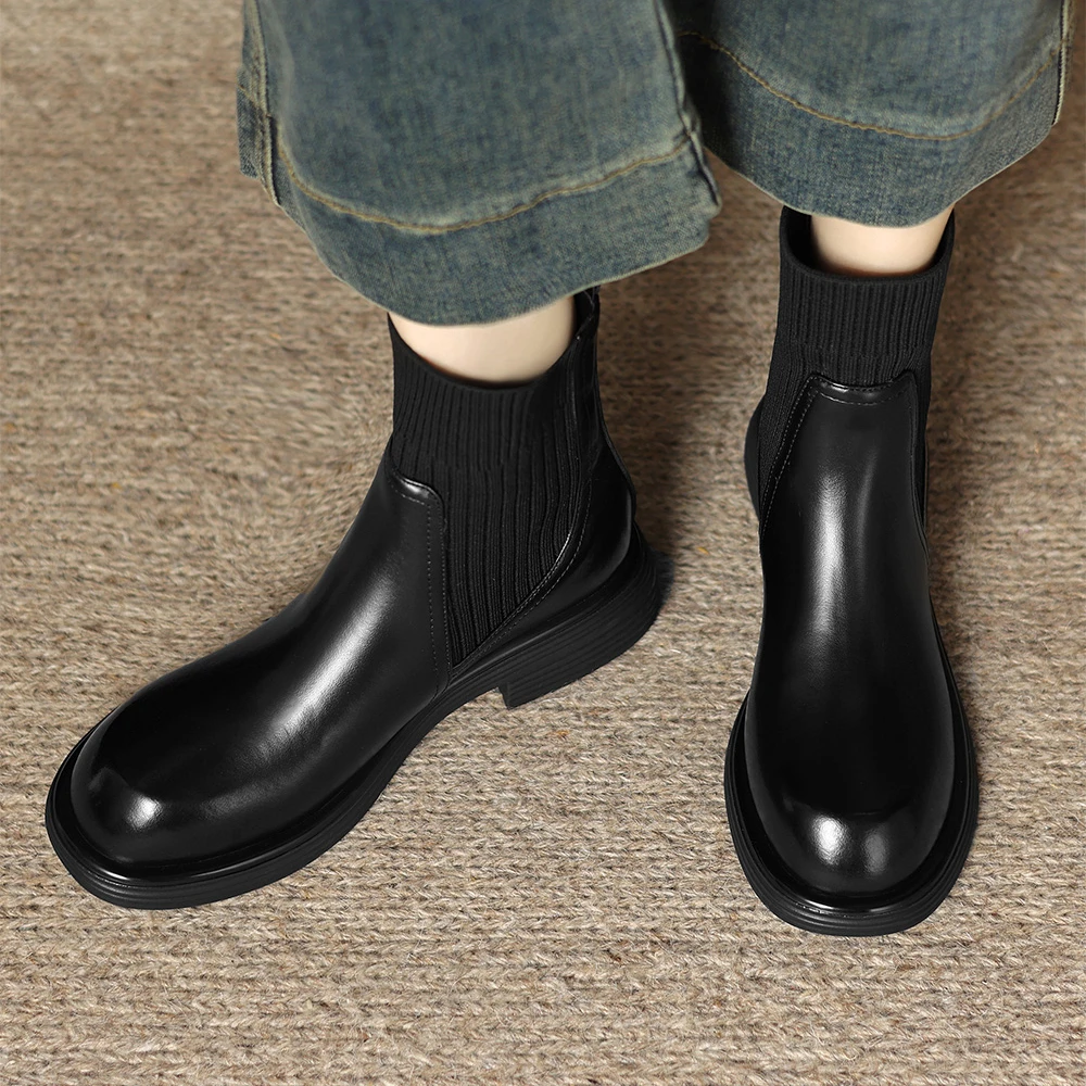 【单里三季可穿】LUXESOLE圆头耐磨袜靴黑色马丁靴短靴厚底英伦风