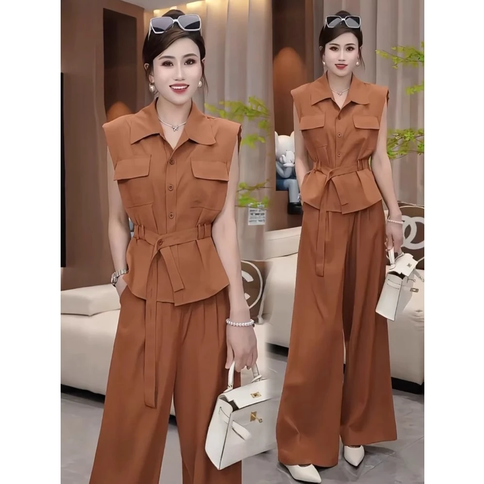 时尚套装女2025夏季新款时髦洋气设计感衬衫式无袖上衣阔腿裤套装